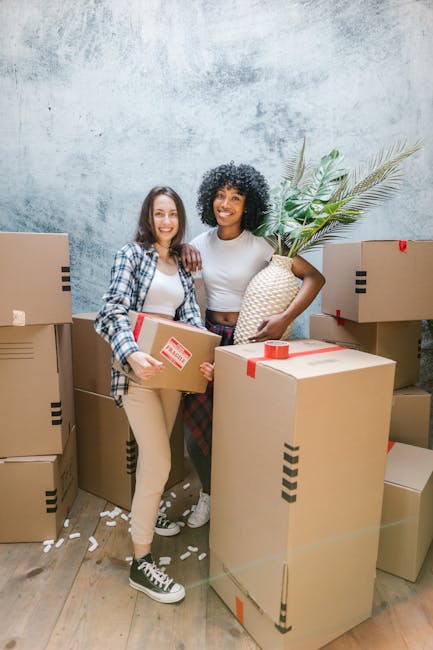 Two women are inside a room with a textured grey wall, surrounded by multiple moving boxes made of brown cardboard with red and black tape seals. One woman, on the left, has shoulder-length brown hair
